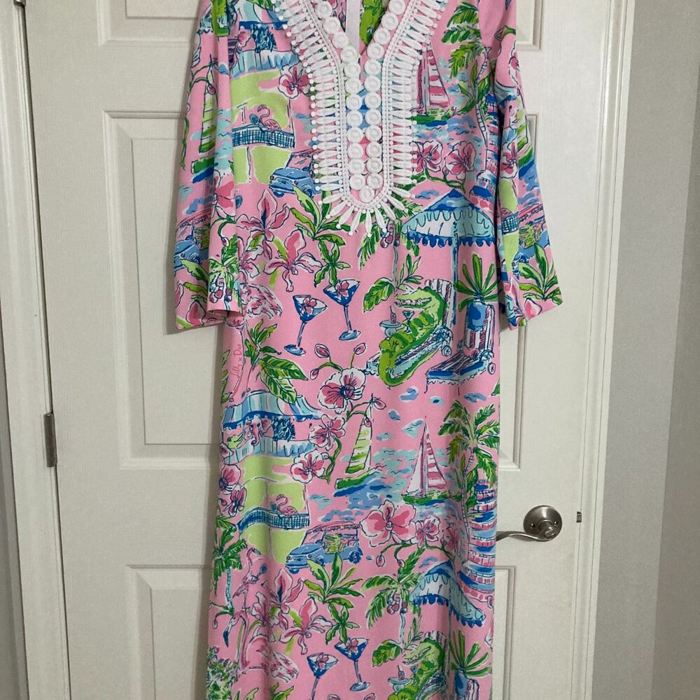 Lilly Pulitzer Ocleppo V-Neck Maxi Caftan Size 10 in Conch Shell Pink Sunny Dee - Picture 10 of 11